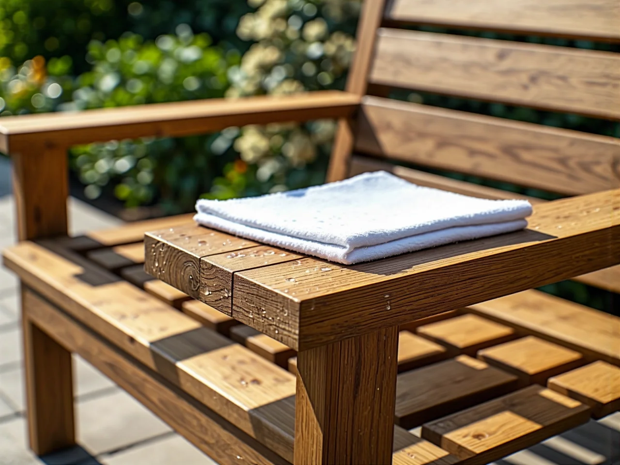 Proces olejowania dębowych mebli na taras w celu zabezpieczenia drewna przed wilgocią i słońcem