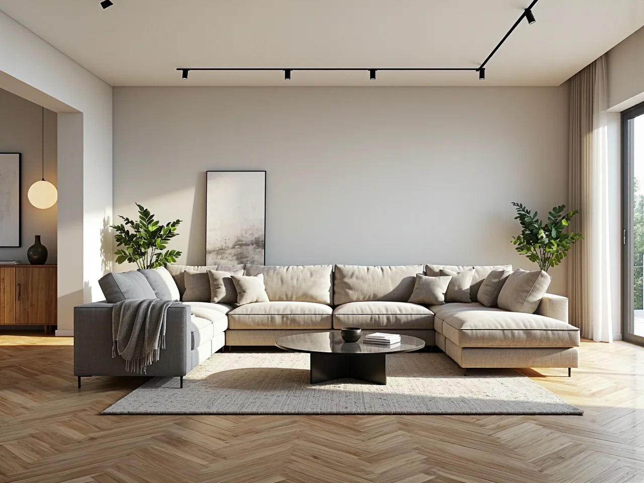 Narożnik modułowy beżowy z szarym fotelem i poduszkami