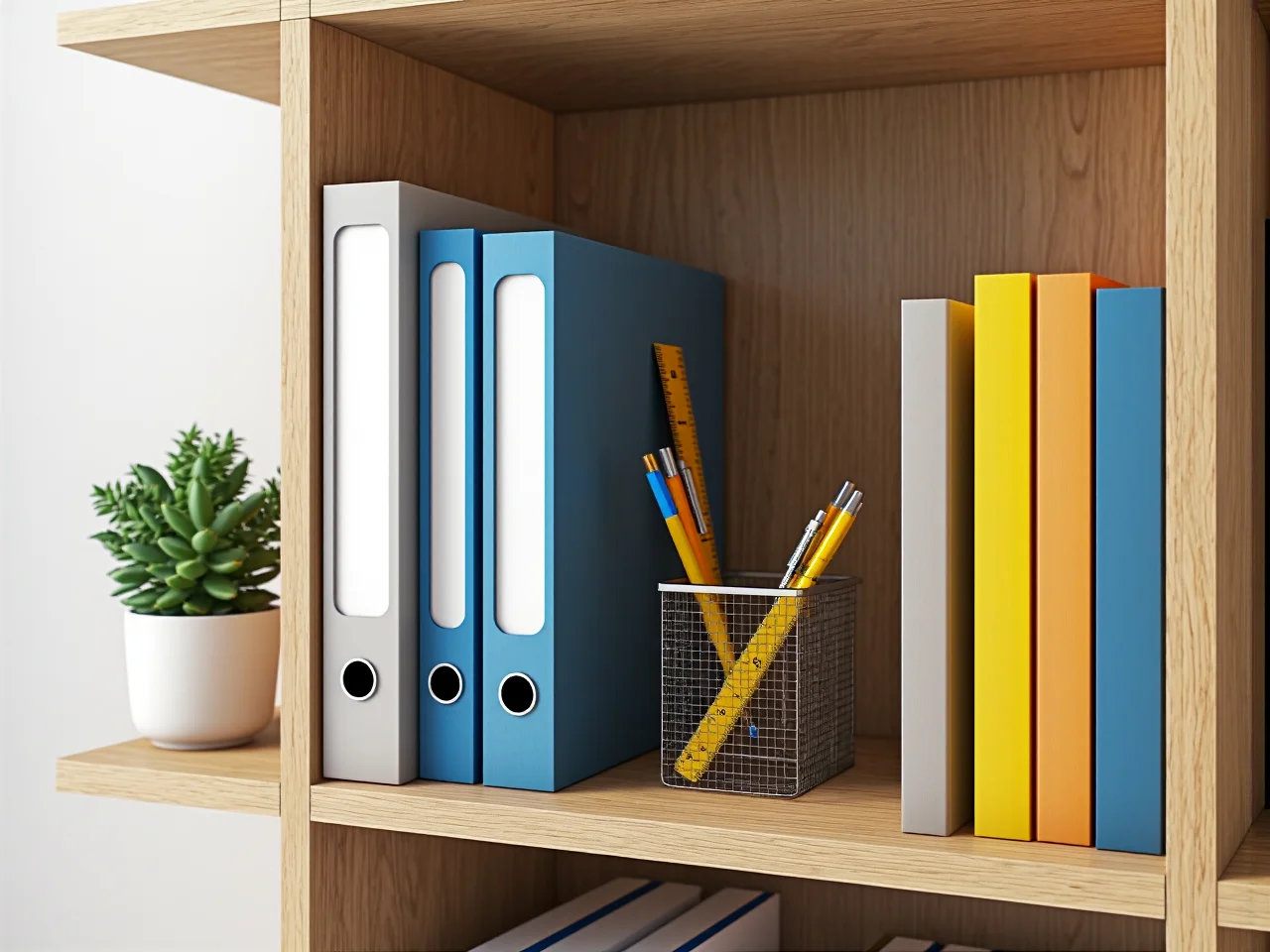 Praktyczna organizacja przyborów szkolnych, zeszytów i akcesoriów na półkach regału młodzieżowego