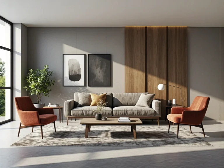 Szara sofa tapicerowana z poduszkami i fotele w kolorze terakoty