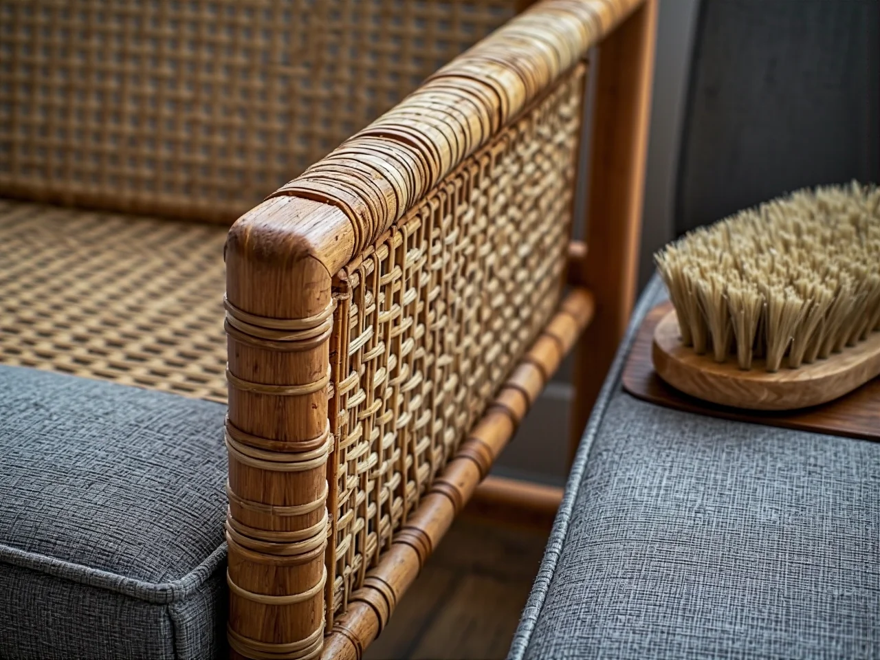 Zbliżenie na miskę z wodą i mydłem oraz szczotkę do głębokiego czyszczenia mebli rattanowych.