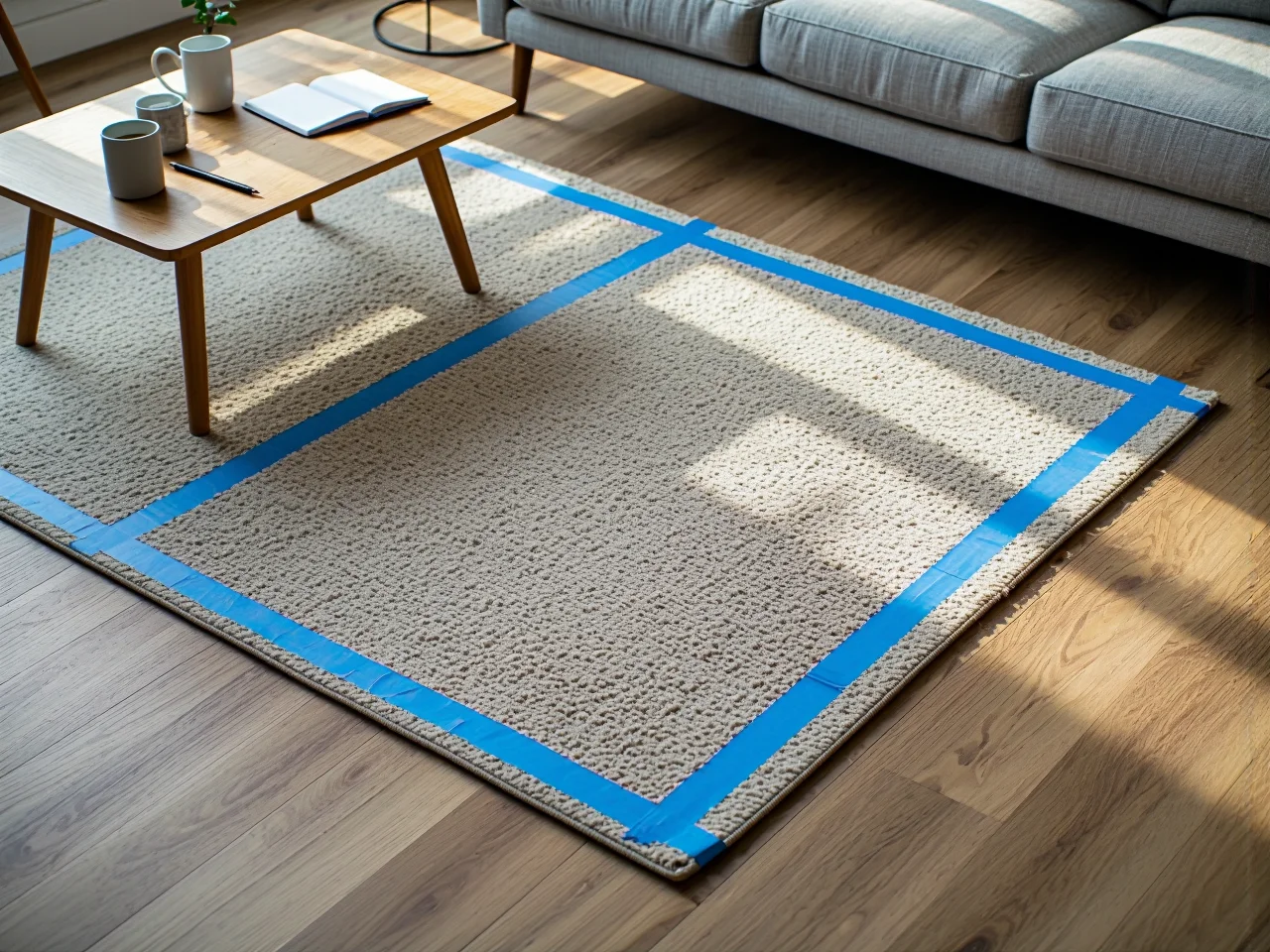 Rysowanie prostego planu pokoju z zaznaczonymi wymiarami pufy i odstępami od innych mebli.