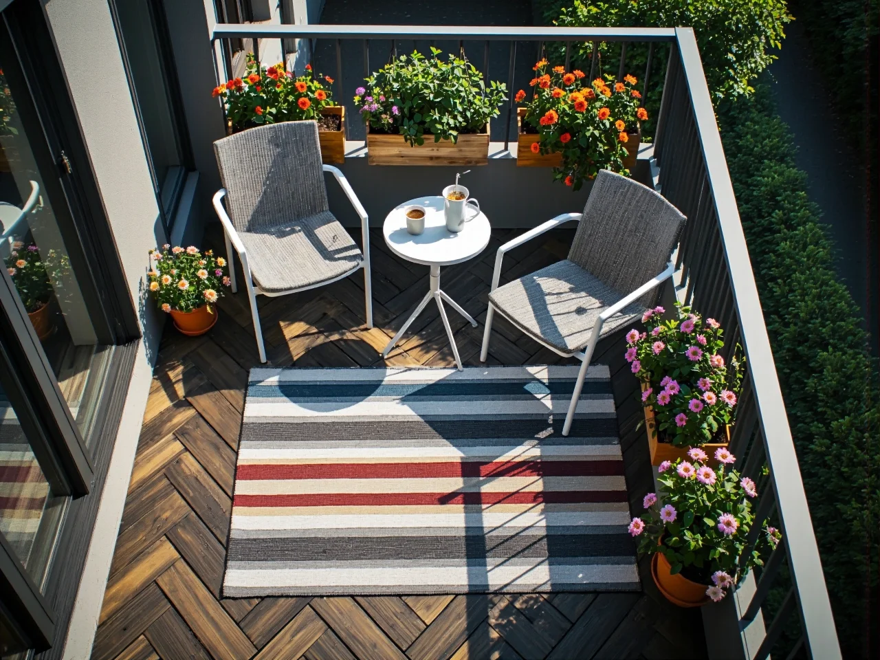 Wizualizacja przedstawiająca optymalne rozmieszczenie kompletu mebli ogrodowych na wymierzonym tarasie.