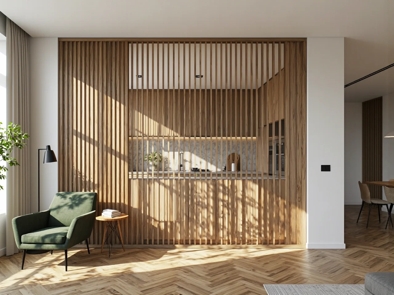 Wydzielenie strefy wypoczynkowej w dużym pokoju dziennym za pomocą wygodnego narożnika i dywanu.