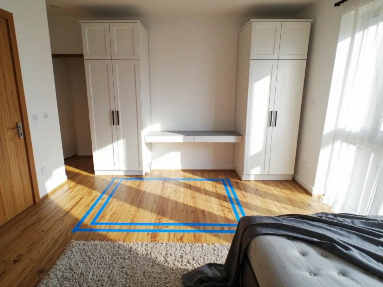 Białe szafy garderobiane z toaletką i szufladami pośrodku