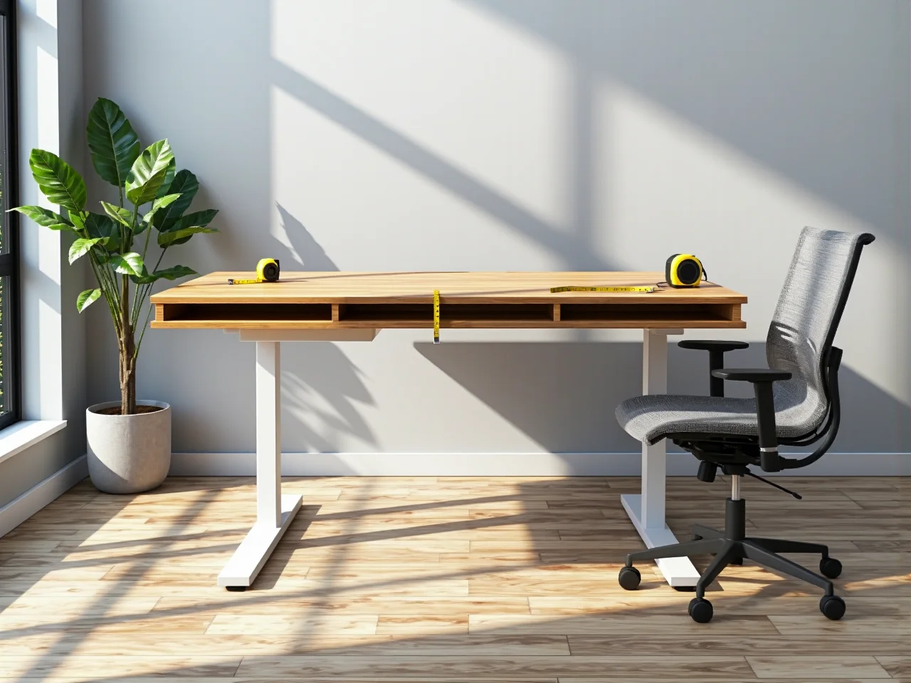 Biurko regulowane dębowy blat z białymi nogami i schowkami