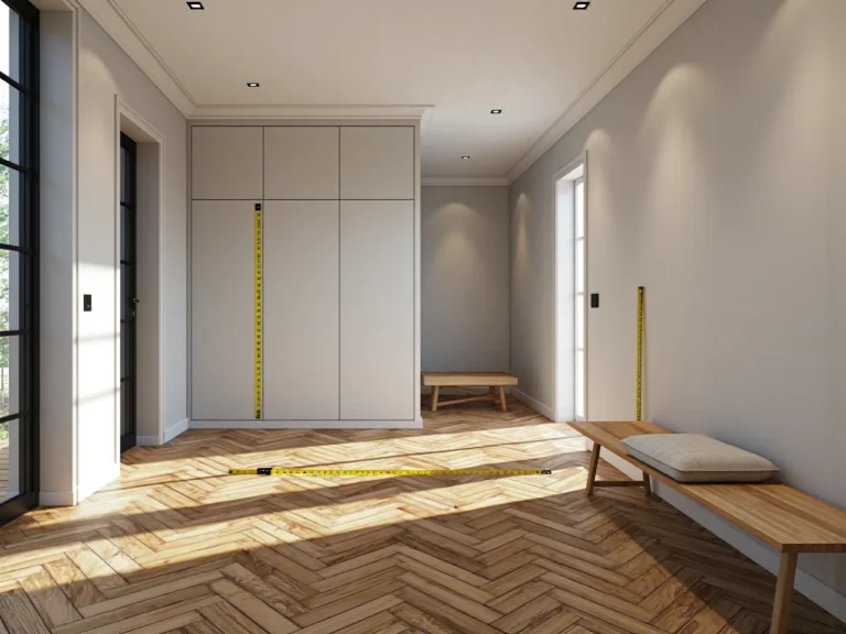 Pomiar ściany przedpokoju pod zabudowę szafy z miarką