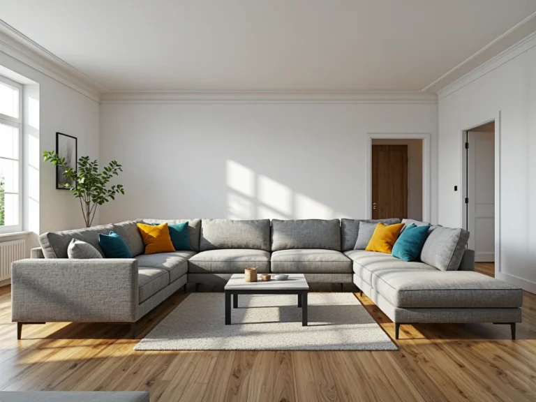 Szary narożnik modułowy w kształcie litery U z kolorowymi poduszkami