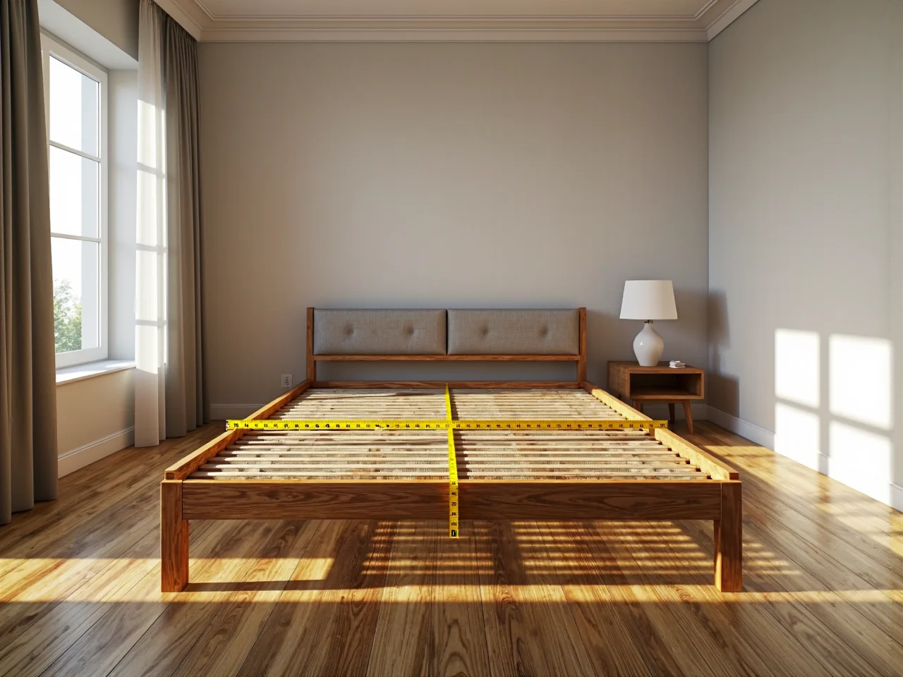 Rama łóżka drewniana dębowa ze stelażem i tapicerowanym zagłówkiem