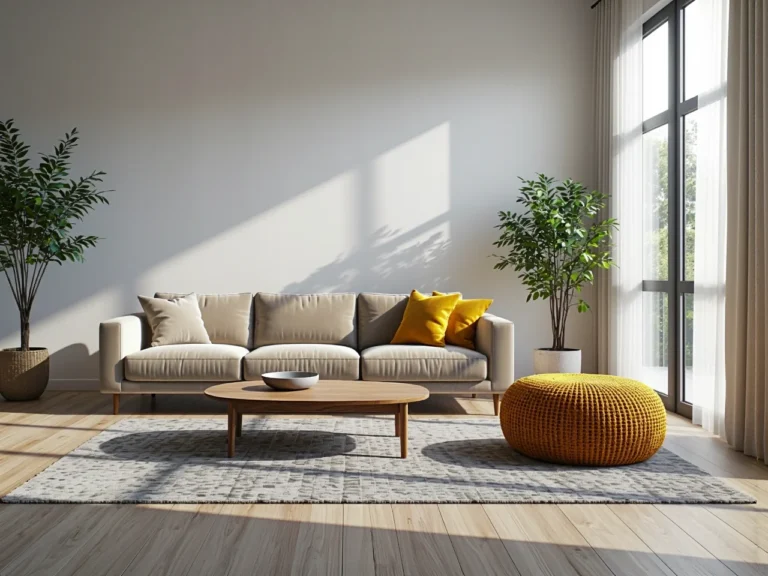 Okrągła pufa musztardowa z dzianinowym wykończeniem do salonu