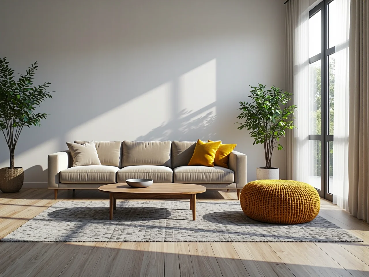 Okrągła pufa musztardowa z dzianinowym wykończeniem do salonu