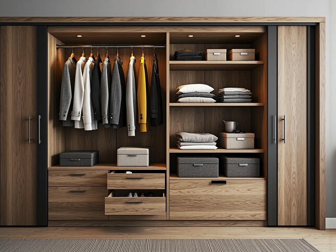 Funkcjonalne wnętrze szafy przesuwnej z drążkami, półkami i szufladami na ubrania i akcesoria.