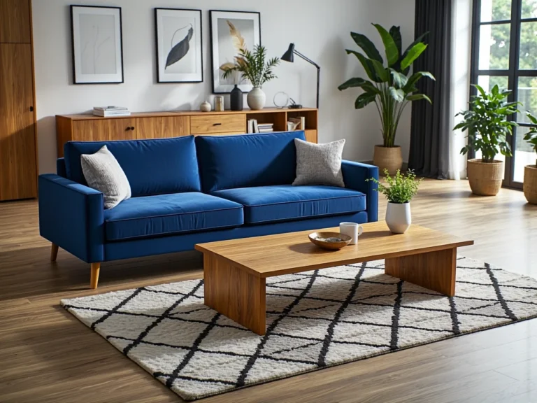 Nowoczesna sofa trzyosobowa niebieska na drewnianych nóżkach