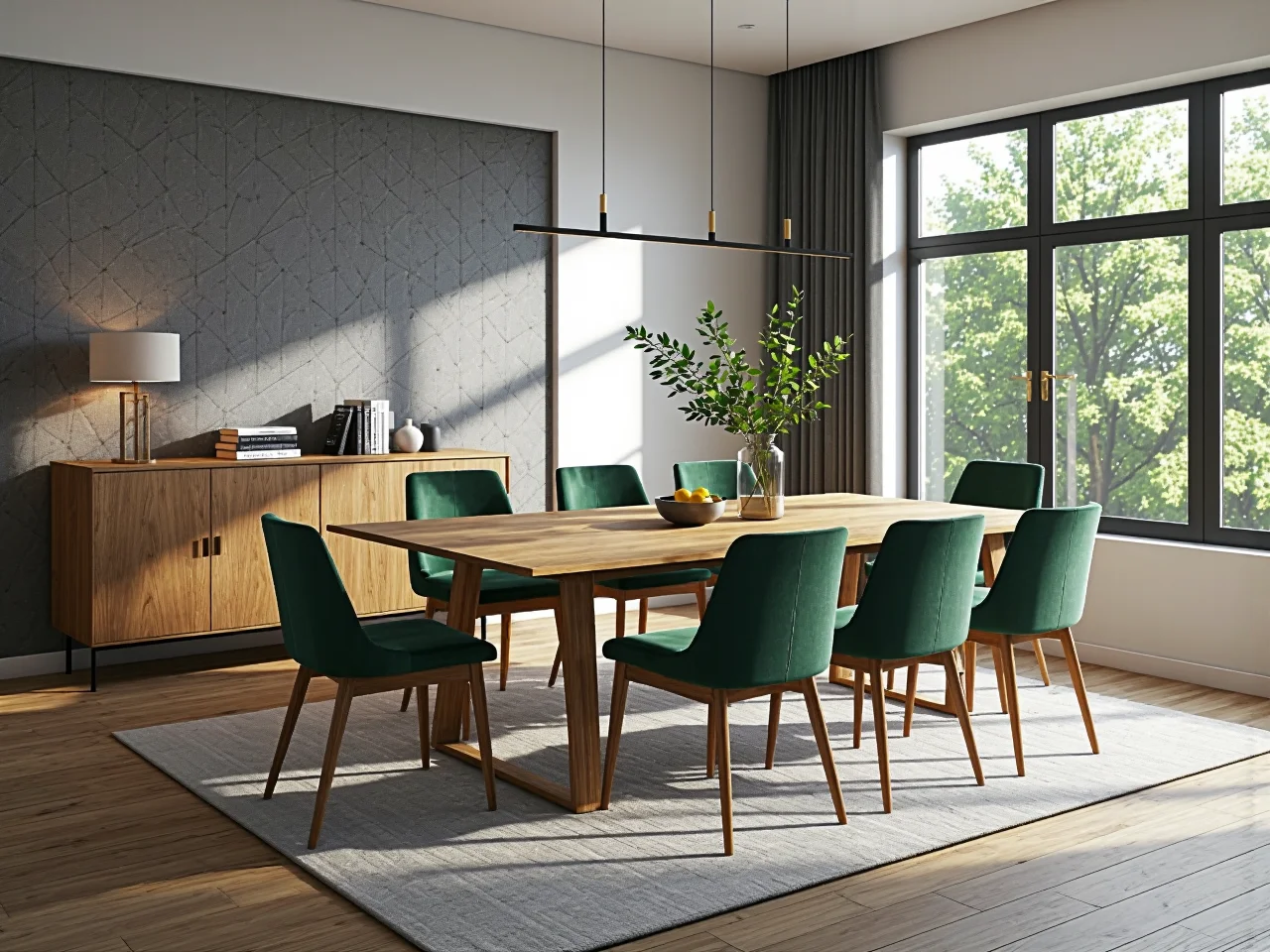 Klasyczny prostokątny stół ustawiony przy ścianie w niewielkiej kuchni dla oszczędności miejsca.