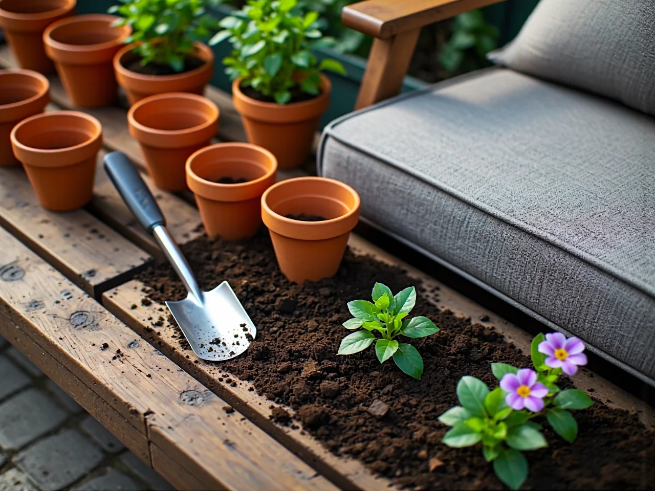 Nowoczesna i przytulna aranżacja tarasu na wiosnę z wygodnymi meblami wypoczynkowymi