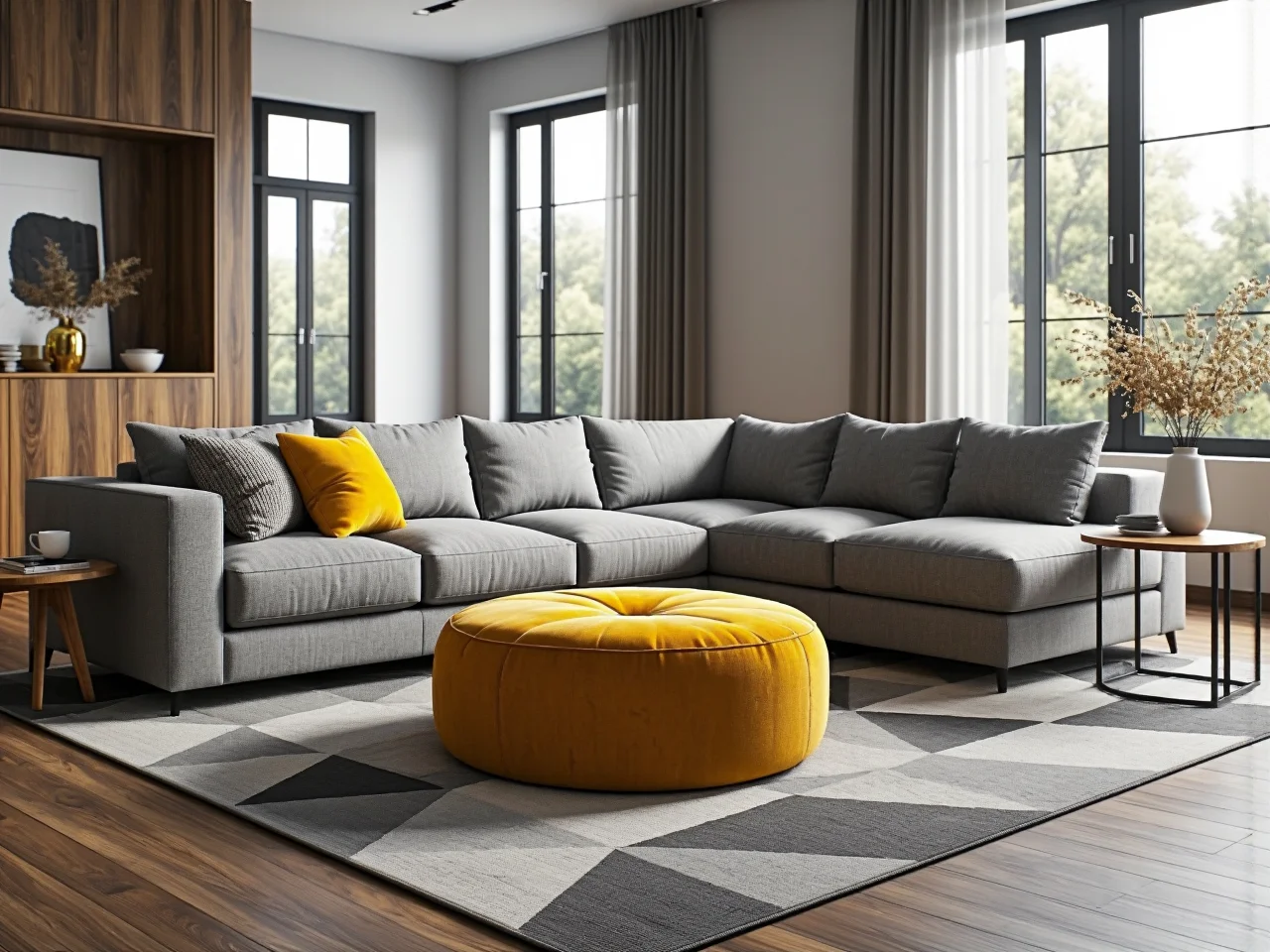 Okrągła pufa welurowa musztardowa z pikowanym siedziskiem