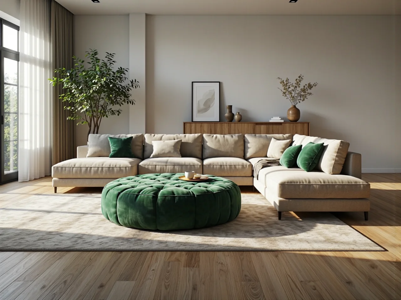 Okrągła pufa welurowa zielona z pikowanym siedziskiem