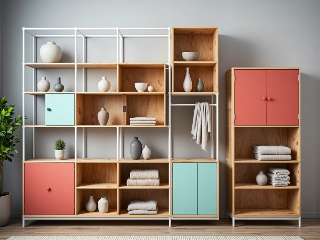 Klasyczny drewniany regał jednolity wypełniony książkami w przytulnej kawalerce