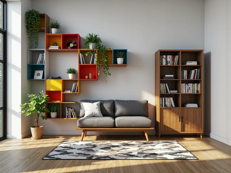 Kolorowy regał modułowy wiszący z otwartymi półkami na książki