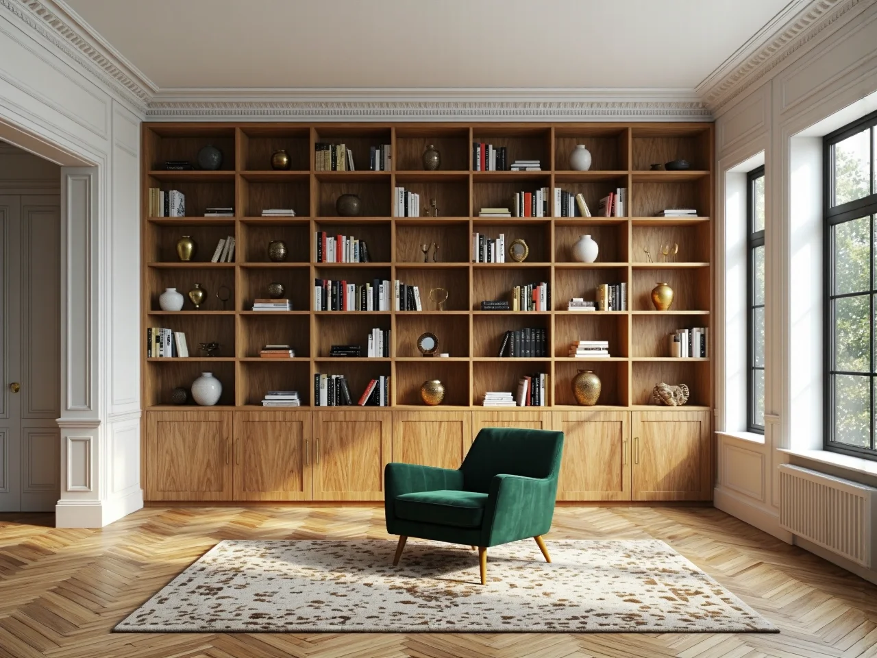 Duży regał biblioteczny z litego drewna dębowego z szafkami