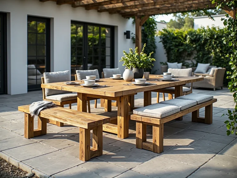 Rustykalny zestaw ogrodowy drewniany stół z ławkami