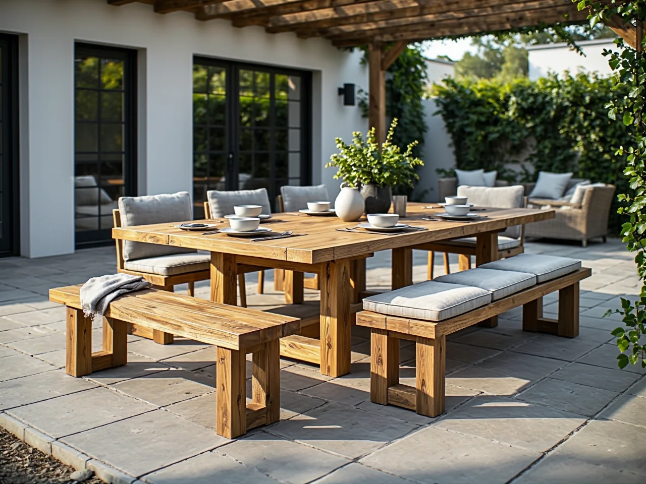 Rustykalny zestaw ogrodowy drewniany stół z ławkami