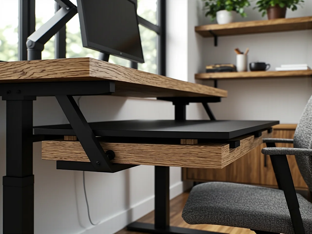 Infografika pokazująca, jak prawidłowo zmierzyć przestrzeń na nowe biurko regulowane w pokoju.