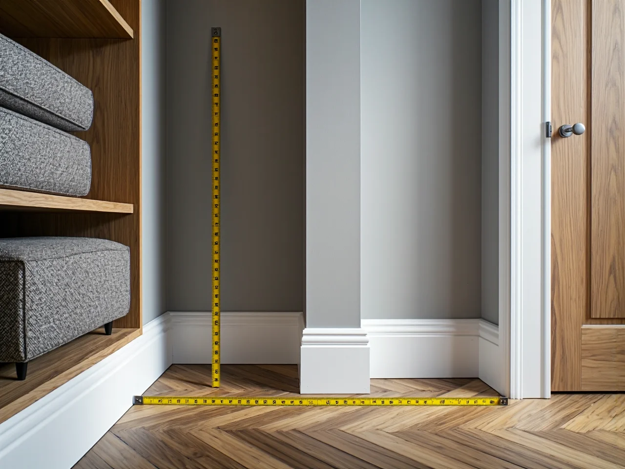 Rysunek schematyczny pokazujący jak prawidłowo zwymiarować wysokość i szerokość wnęki na szafę przesuwną.