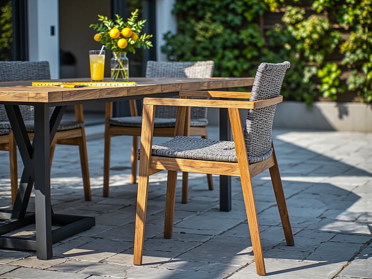 Szkic tarasu z naniesionymi wymiarami jako plan pod ustawienie mebli ogrodowych.