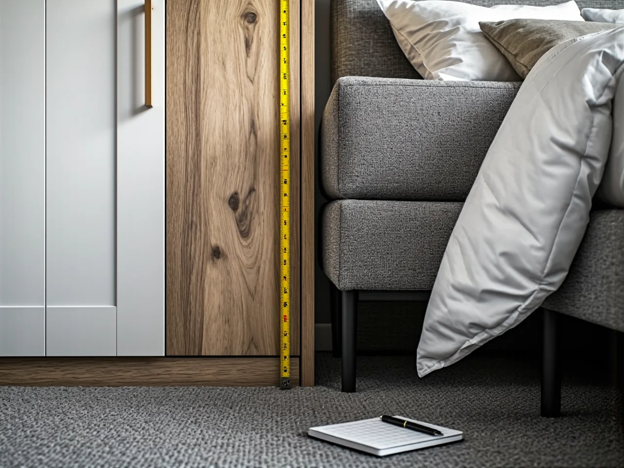 Graficzny schemat pokazujący zalecane odstępy fotela od ściany i innych mebli.