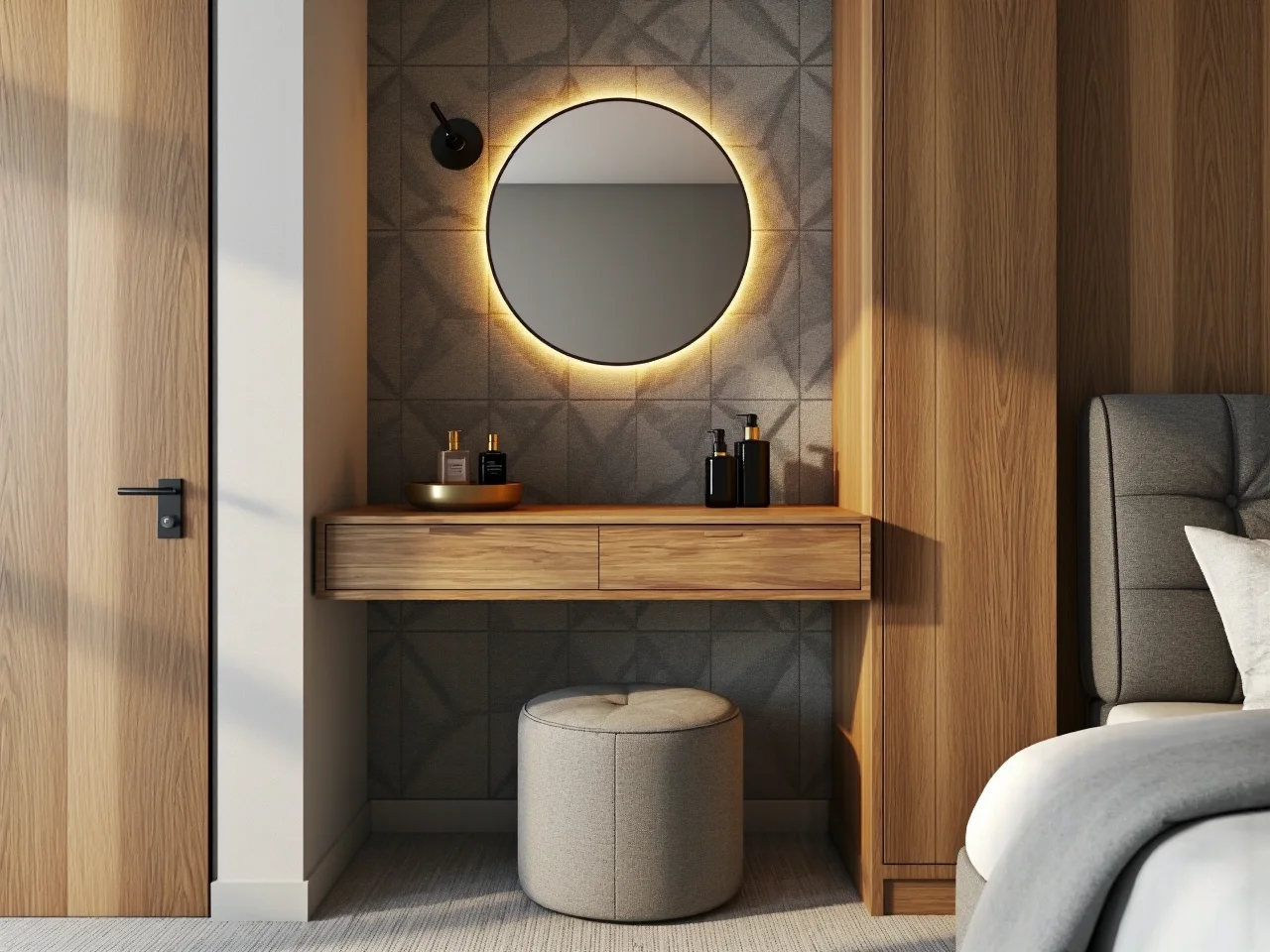 Ergonomiczna wysokość blatu toaletki zapewniająca komfort podczas wykonywania makijażu na siedząco.