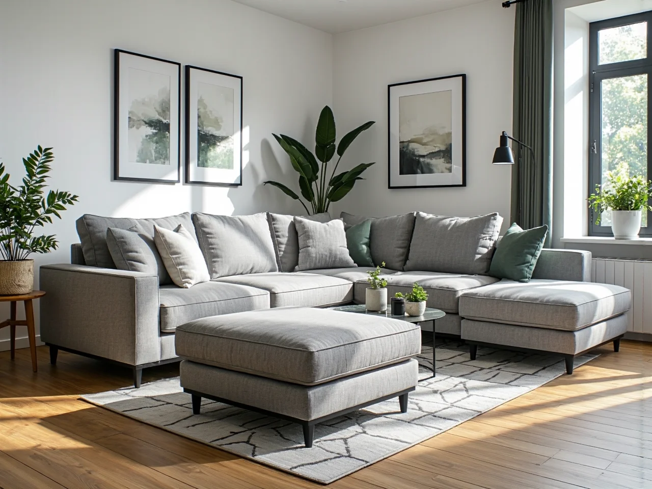 Szara sofa modułowa narożna z pufą i poduszkami dekoracyjnymi