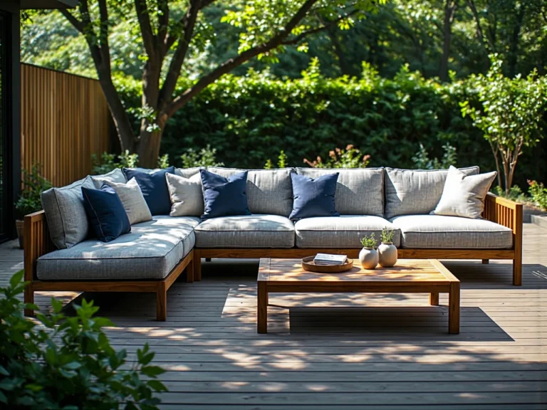 Narożna sofa ogrodowa szara z drewnianą ramą i poduszkami