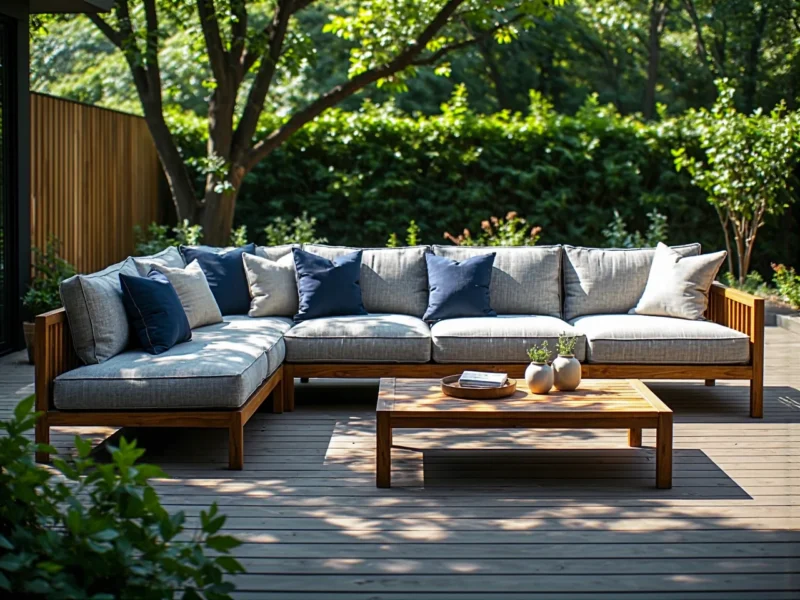 Narożna sofa ogrodowa szara z drewnianą ramą i poduszkami