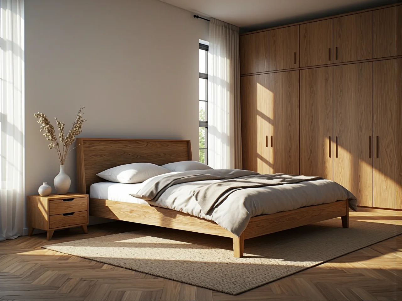 Łóżko dwuosobowe z litego drewna dębowego z wysokim zagłówkiem