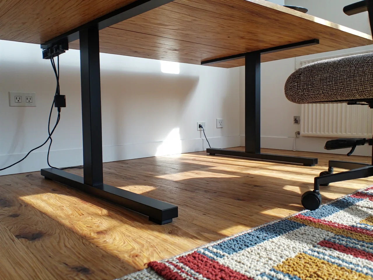 Dokładne mierzenie głębokości wnęki, aby upewnić się, że biurko regulowane zmieści się bez problemu.