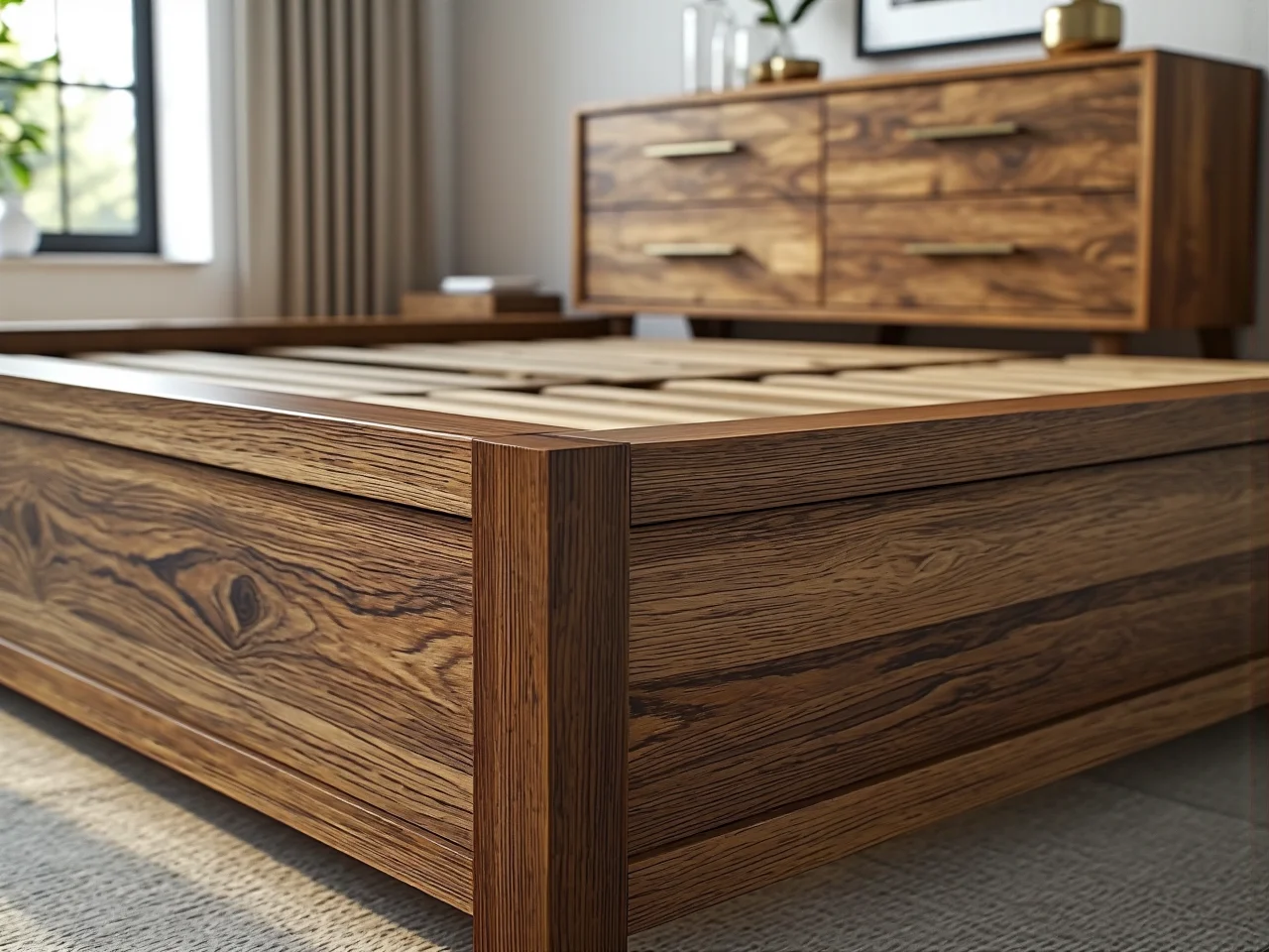 Zbliżenie na precyzyjne łączenia i detale wykończenia drewnianej szafki nocnej