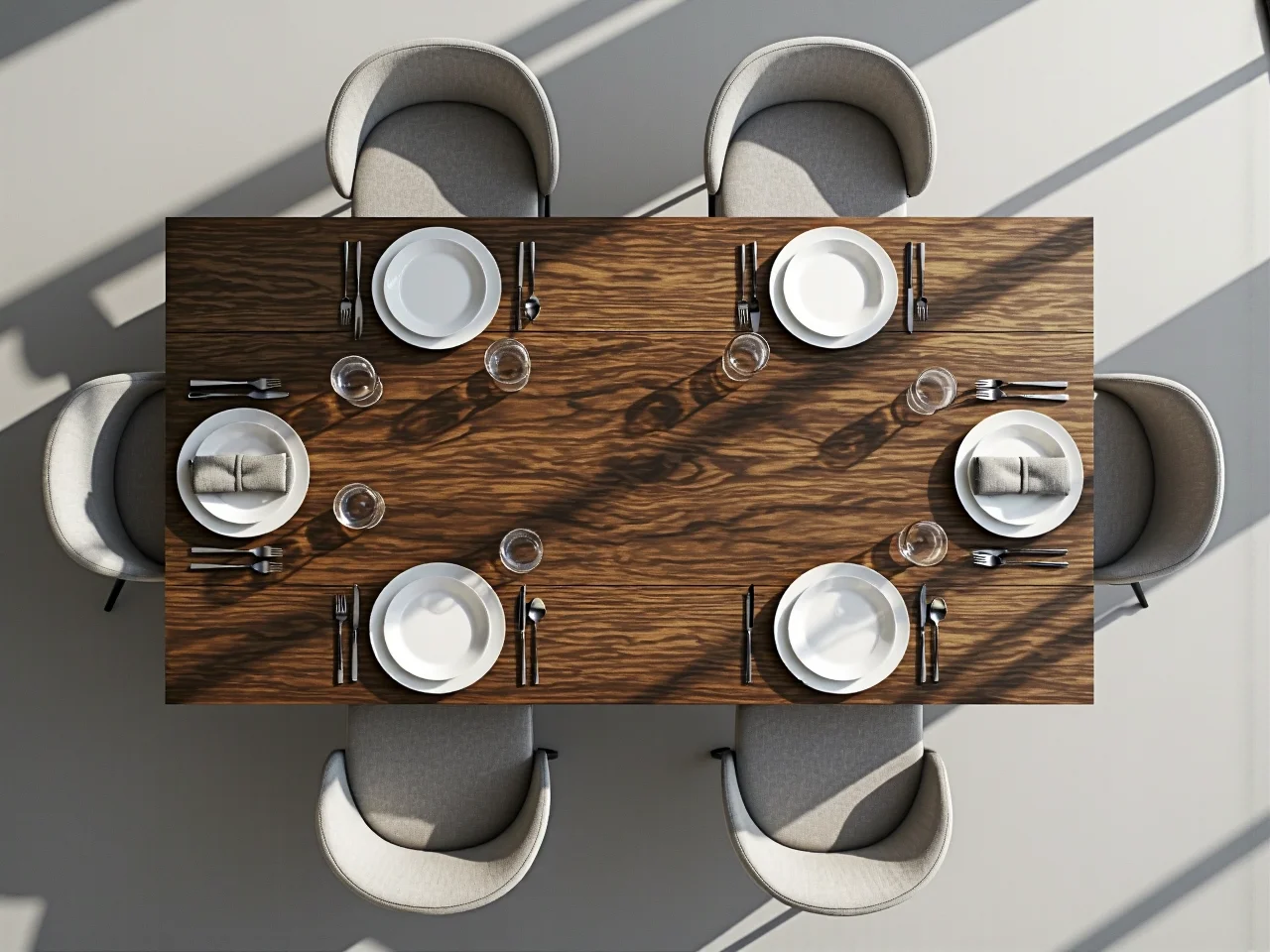 Aranżacja jadalni ze stołem na 8 osób uwzględniająca wymagane odległości od ściany