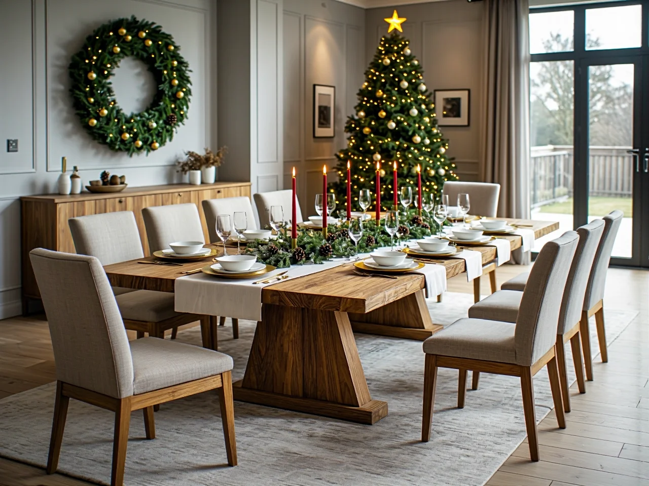 Duży stół jadalniany dębowy z drewnianą podstawą dla sześciu osób