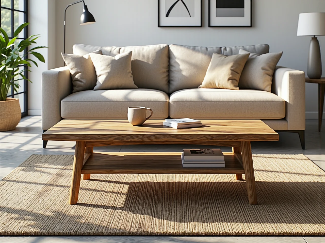 Drewniany stolik kawowy dąb z dolną półką na książki