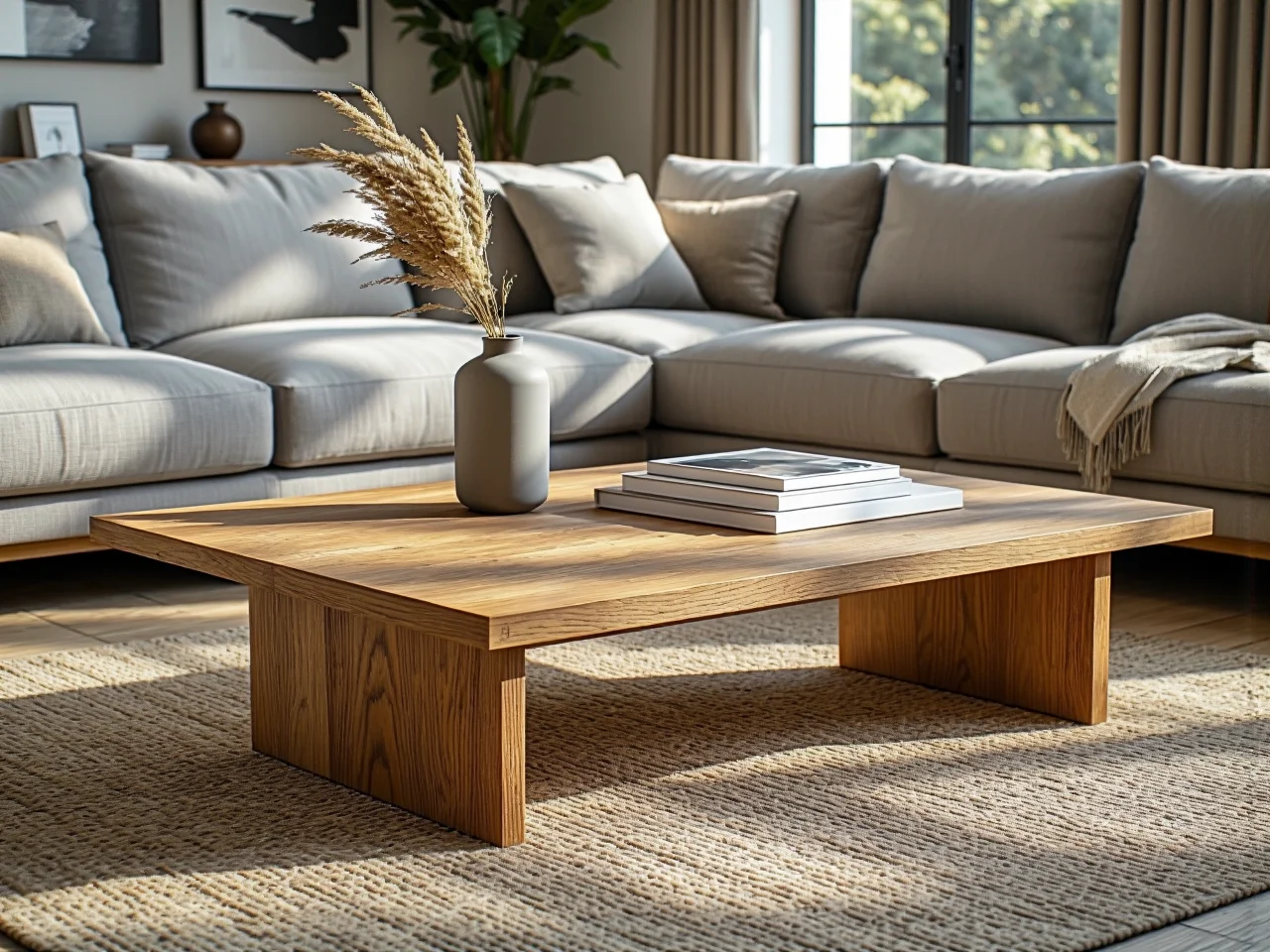 Niski stolik kawowy dębowy z masywnym drewnianym blatem
