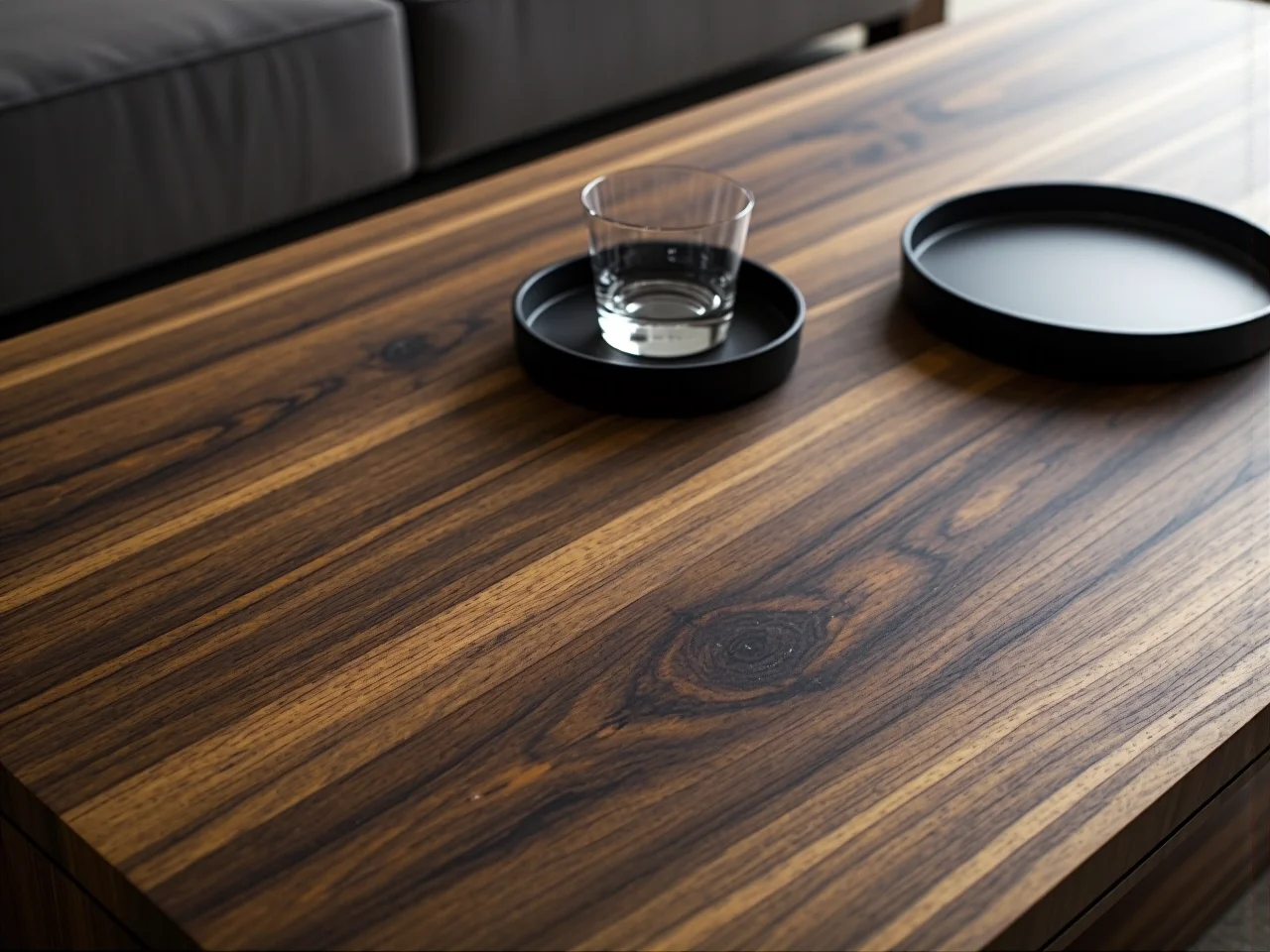 Elegancki stolik kawowy z ciemnego orzecha włoskiego w jasnym, nowoczesnym salonie