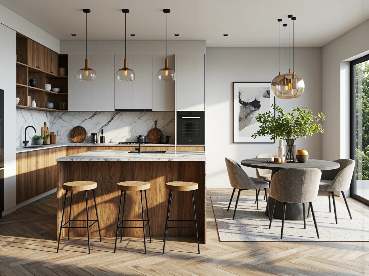 Drewniany stół jadalniany wyznaczający strefę jadalni w otwartym salonie połączonym z kuchnią.