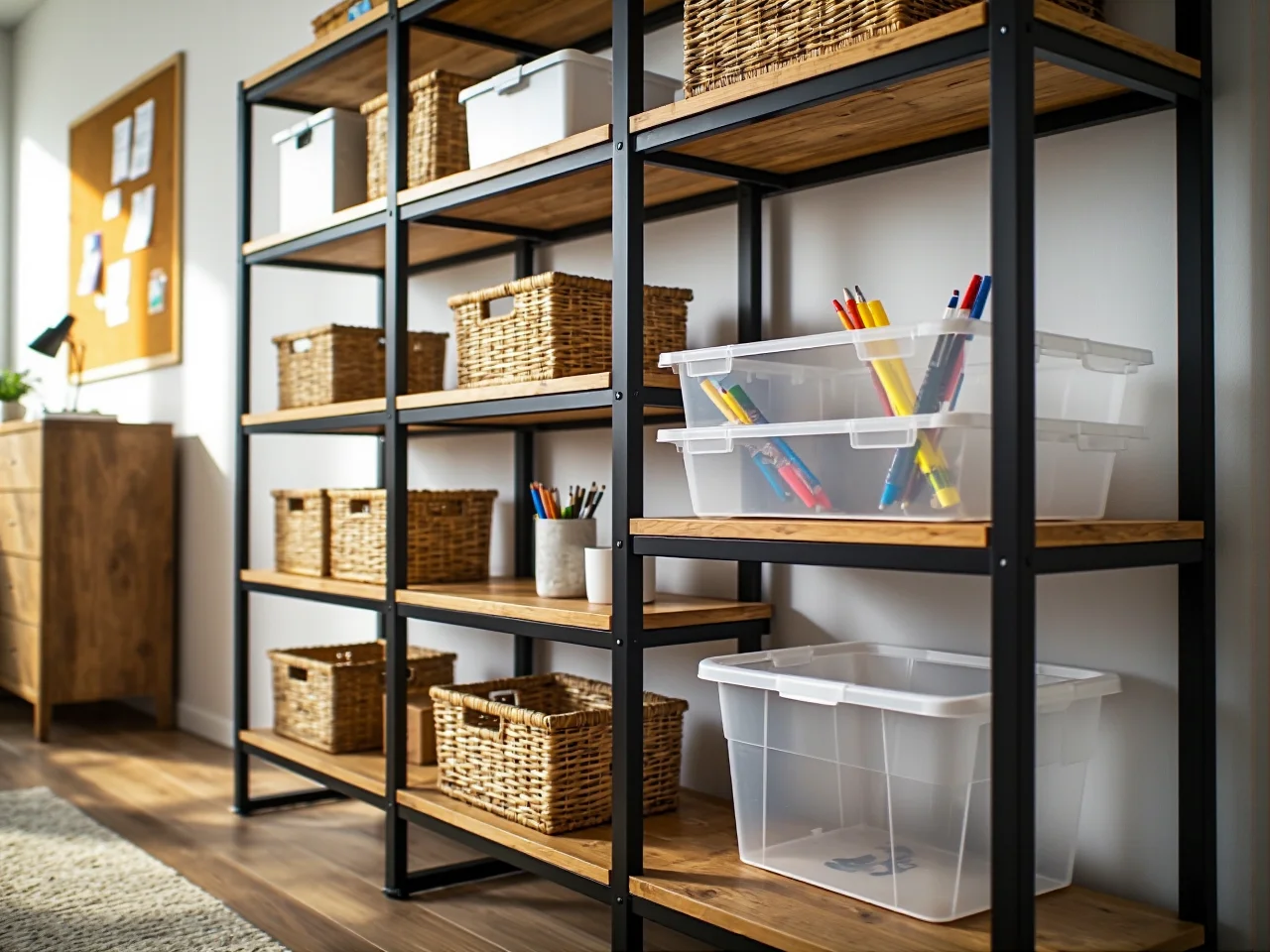 Funkcjonalna strefa nauki z biurkiem oraz pojemnym regałem na książki w tle