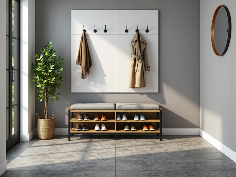 Ławka do przedpokoju drewniana z szarą poduszką i półkami na buty