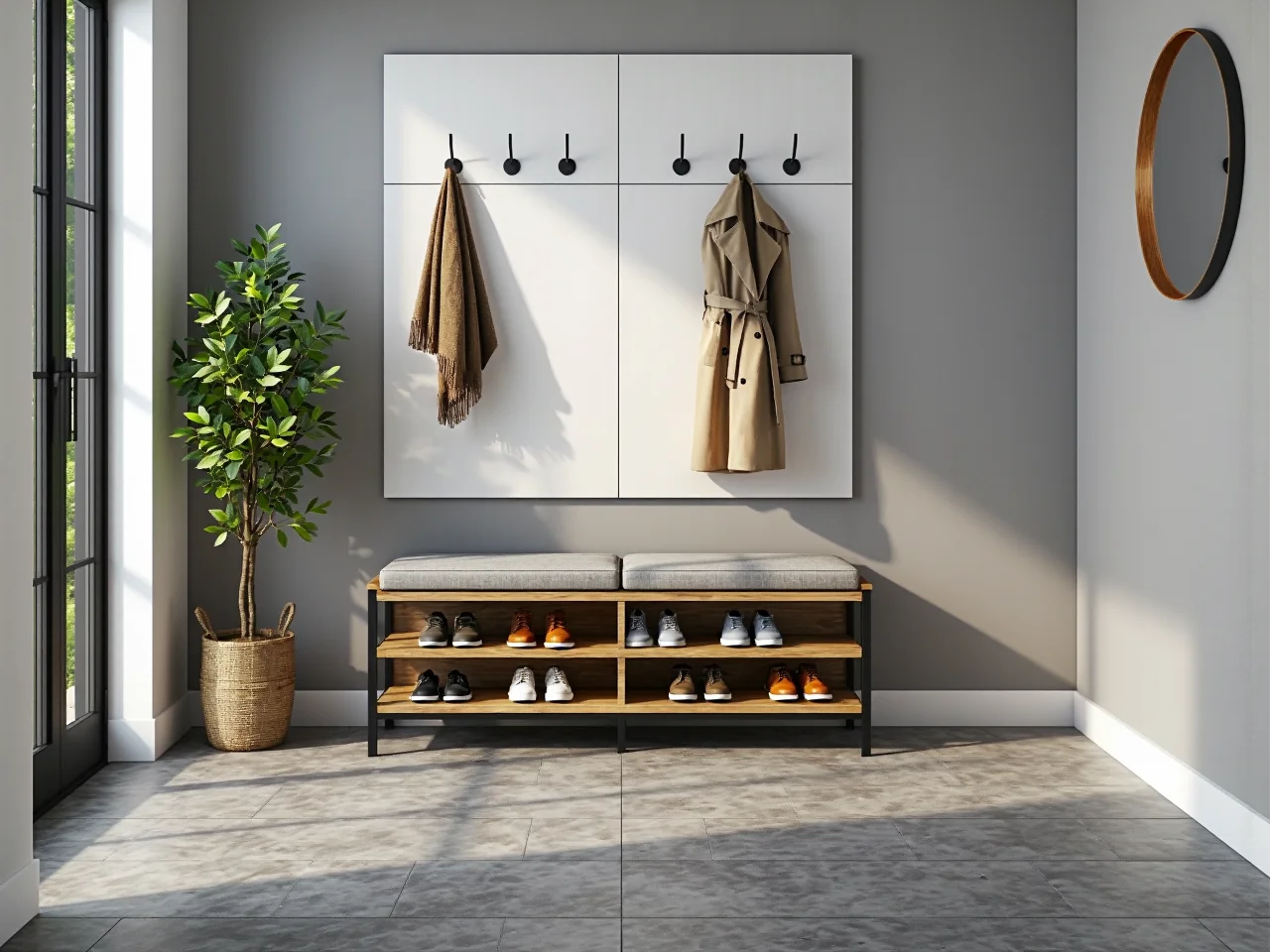 Ławka do przedpokoju drewniana z szarą poduszką i półkami na buty