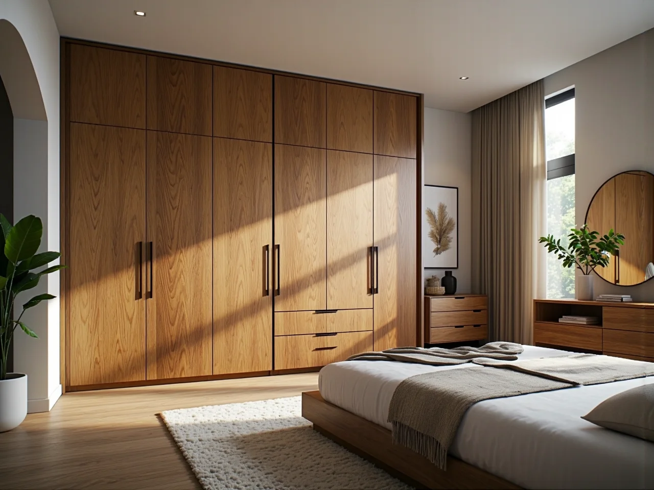 Szafa garderobiana dąb naturalny z szufladami i czarnymi uchwytami