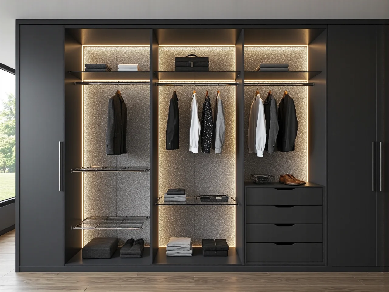 Ekskluzywna szafa wykończona naturalnym fornirem i designerskimi uchwytami w eleganckim wnętrzu