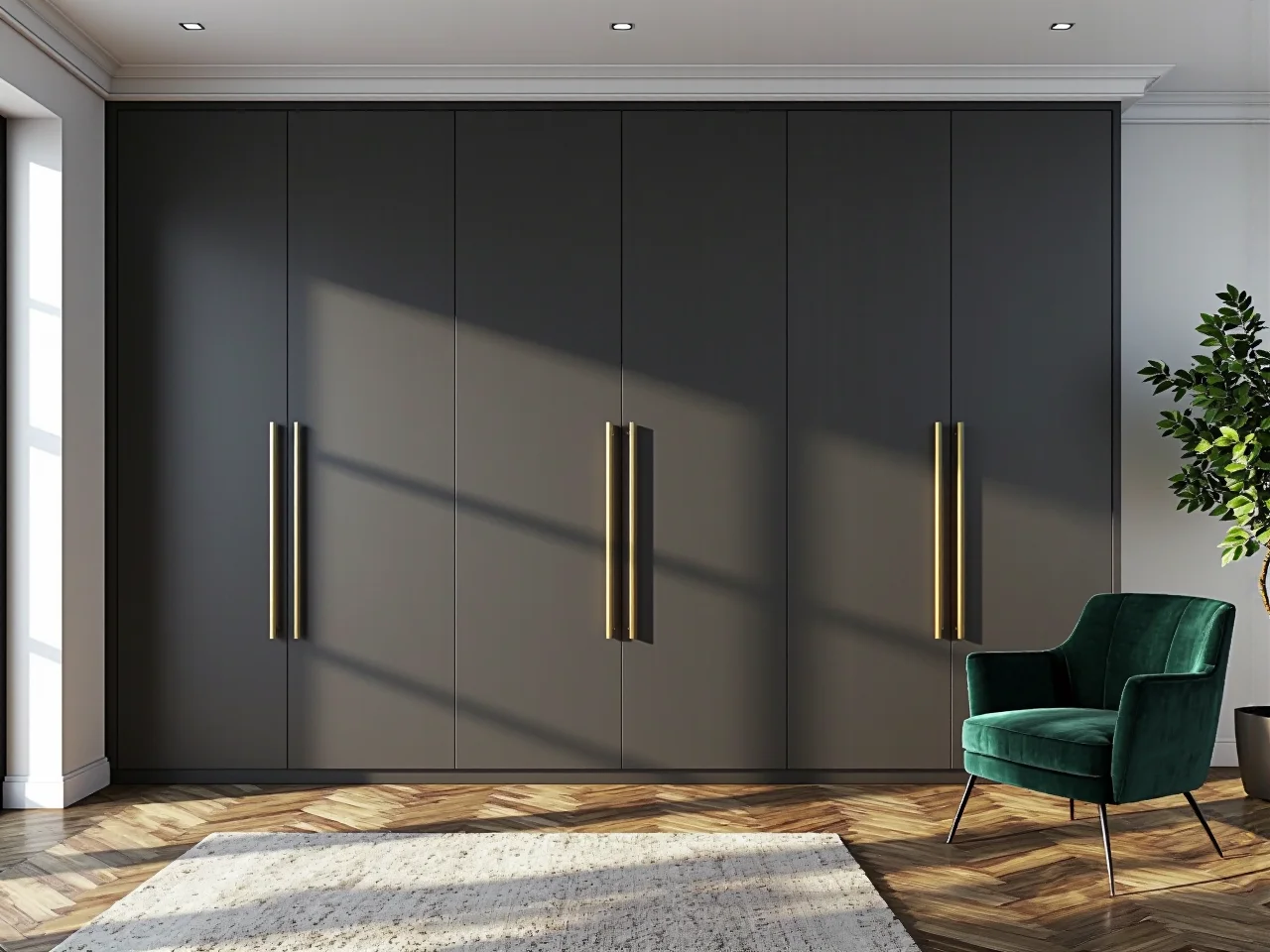 Elegancka szafa garderobiana grafitowa z długimi złotymi uchwytami