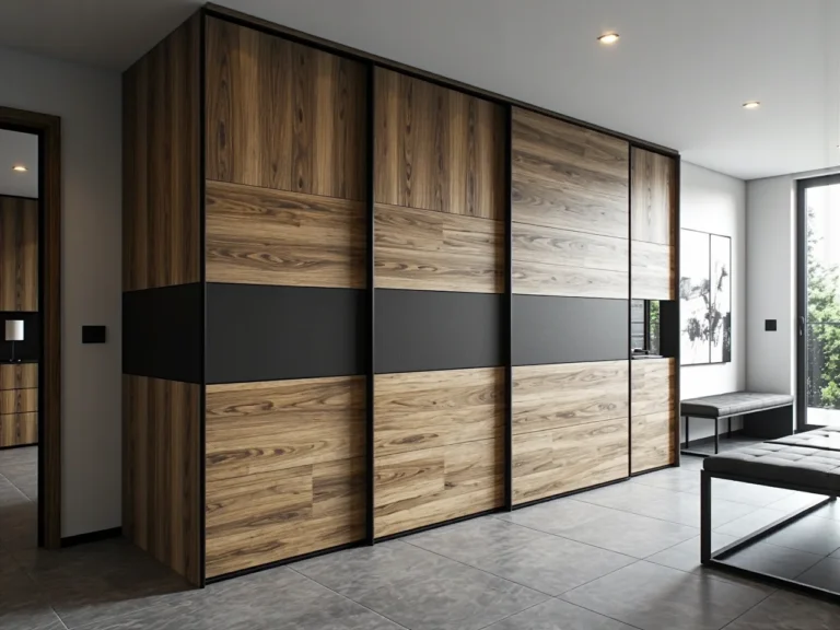 Przesuwna szafa orzech z grafitowym pasem i lustrem